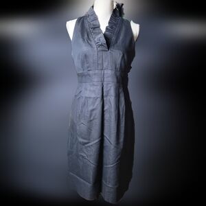 London Times Dark Blue Dress Ruffle High Collar Sleeveless V Neck